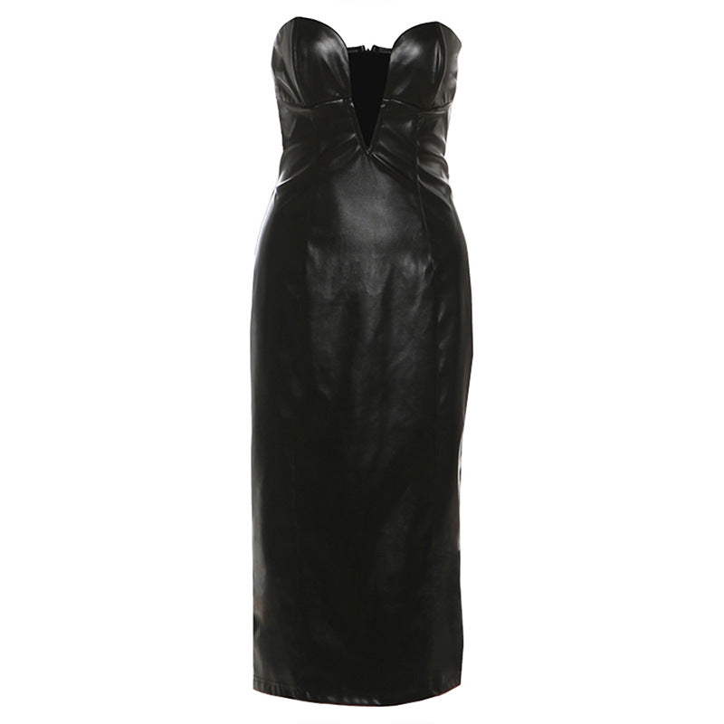 V-neck slim fit backless PU leather strapless dress