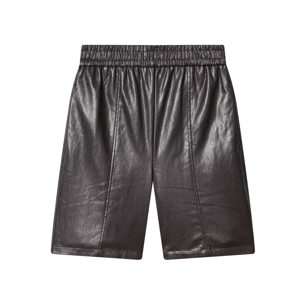 High waisted elastic waist imitation leather casual shorts