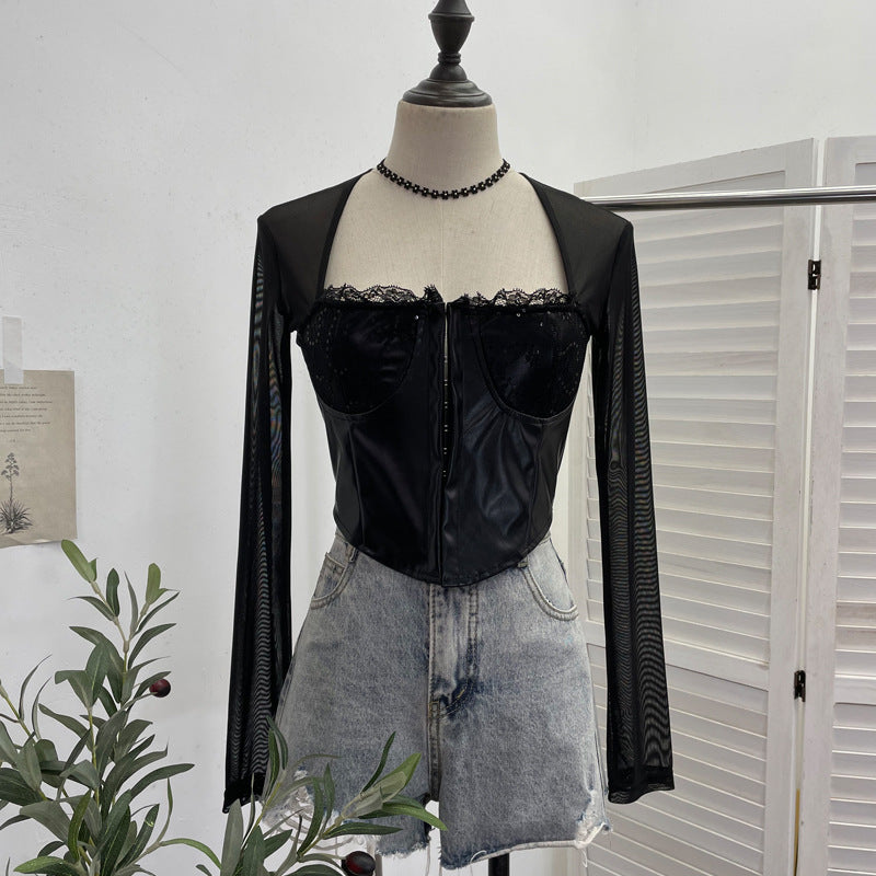 PU leather splicing mesh strapless long sleeved T-shirt