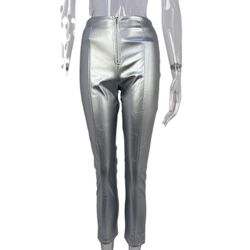 High waisted hip lifting tight fitting PU leather pants
