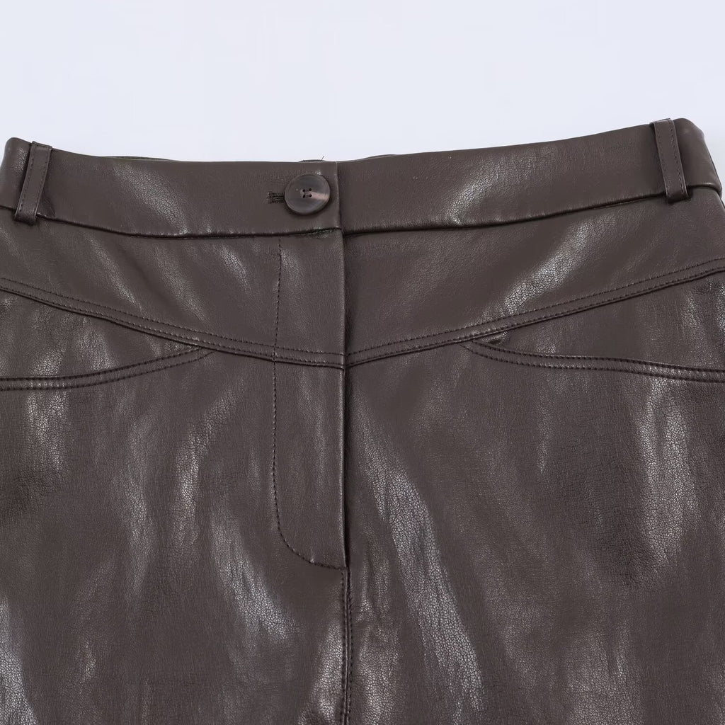 Commuting style faux leather pleated skirt