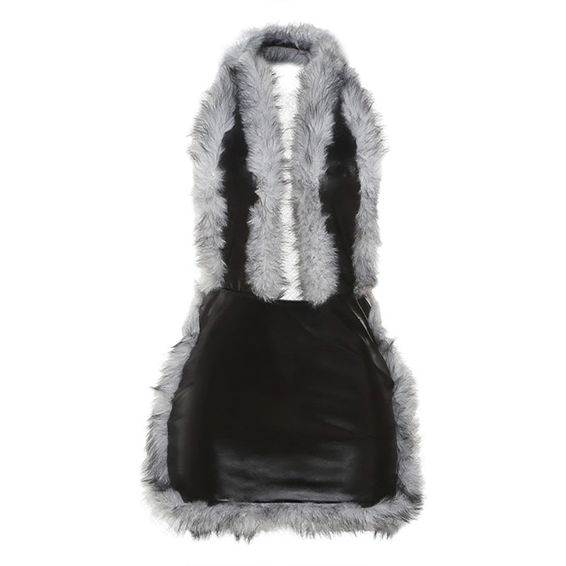Splicing PU leather hanging neck deep V-neck dress for women