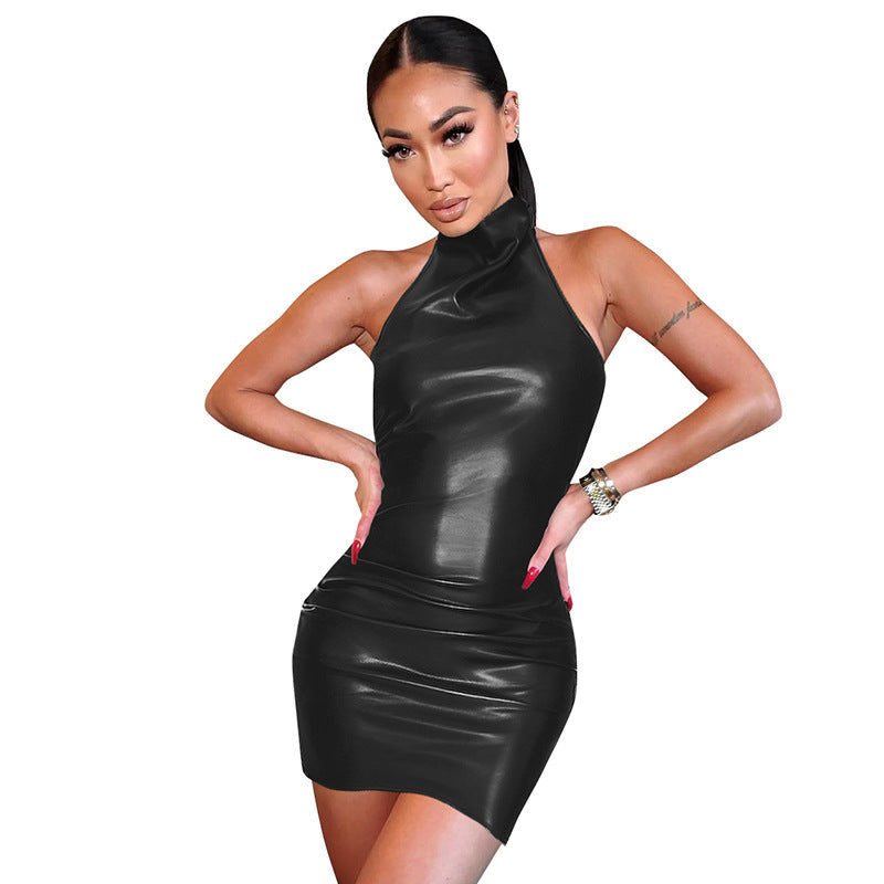 PU leather backless hanging neck dress