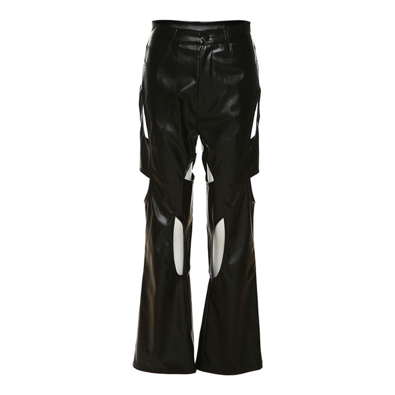 Autumn and Winter New Women's Fashion High Waist Casual Straight Slim Hollow Faux Leather Pants