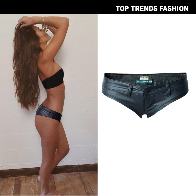 Nightclub Style Sexy Girl Low Waist Stretch Denim PU Faux Leather Button Zipper Hot Pants