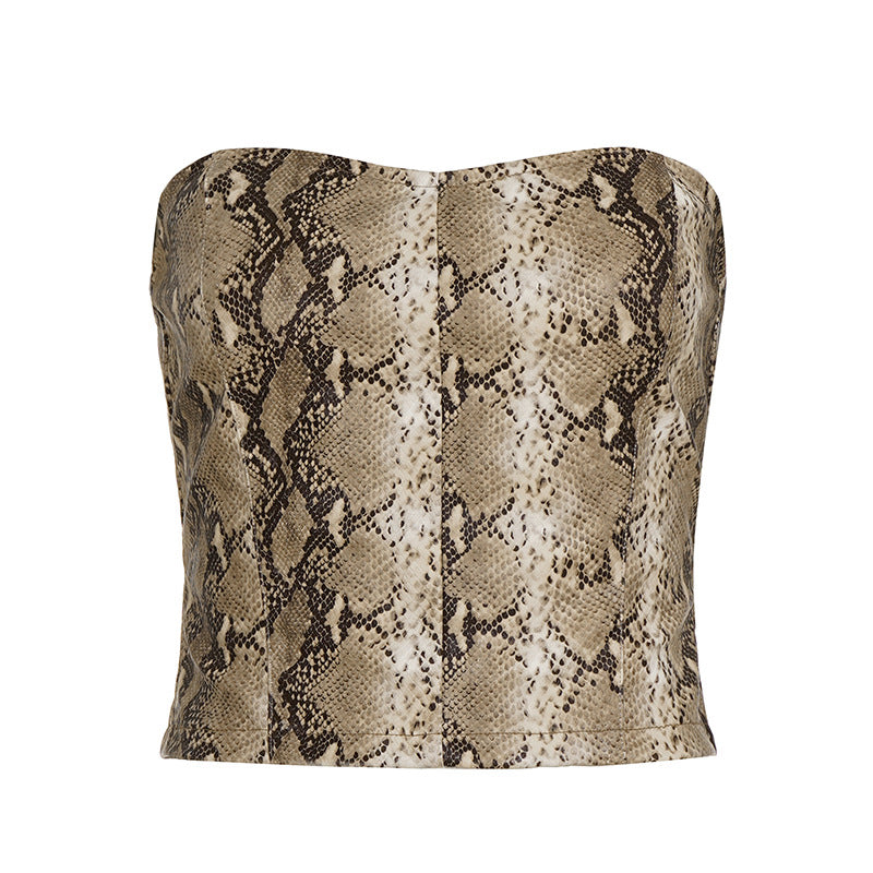Serpentine leather strapless solid color top