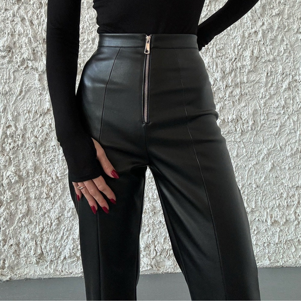 Casual straight leg PU wide leg leather pants
