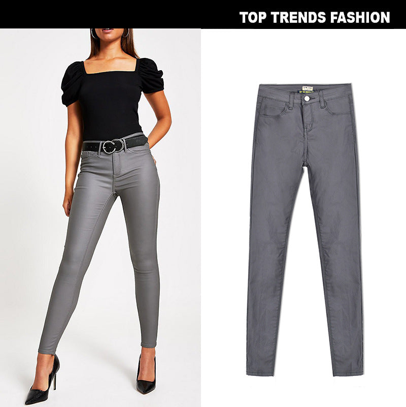 Women's High Waist Slim Fit Stretch Coated Noble Grey Faux Leather Pants Denim Skinny Pants PU Pocket Motorcycle Model