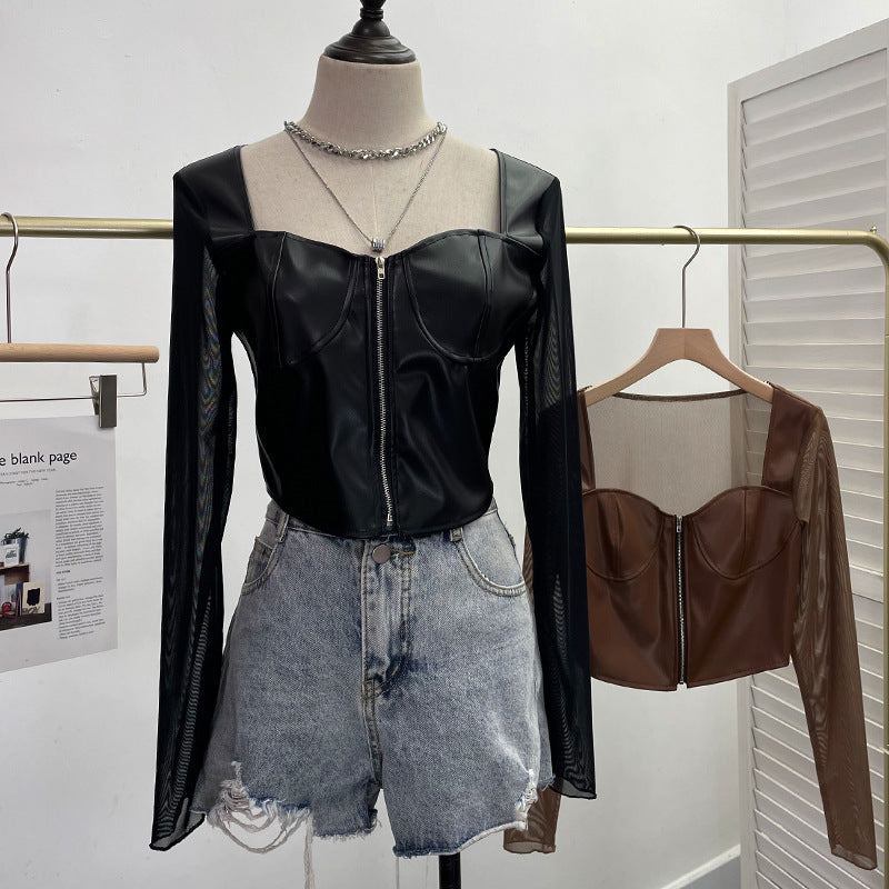 Mesh splicing PU leather long sleeved T-shirt for women