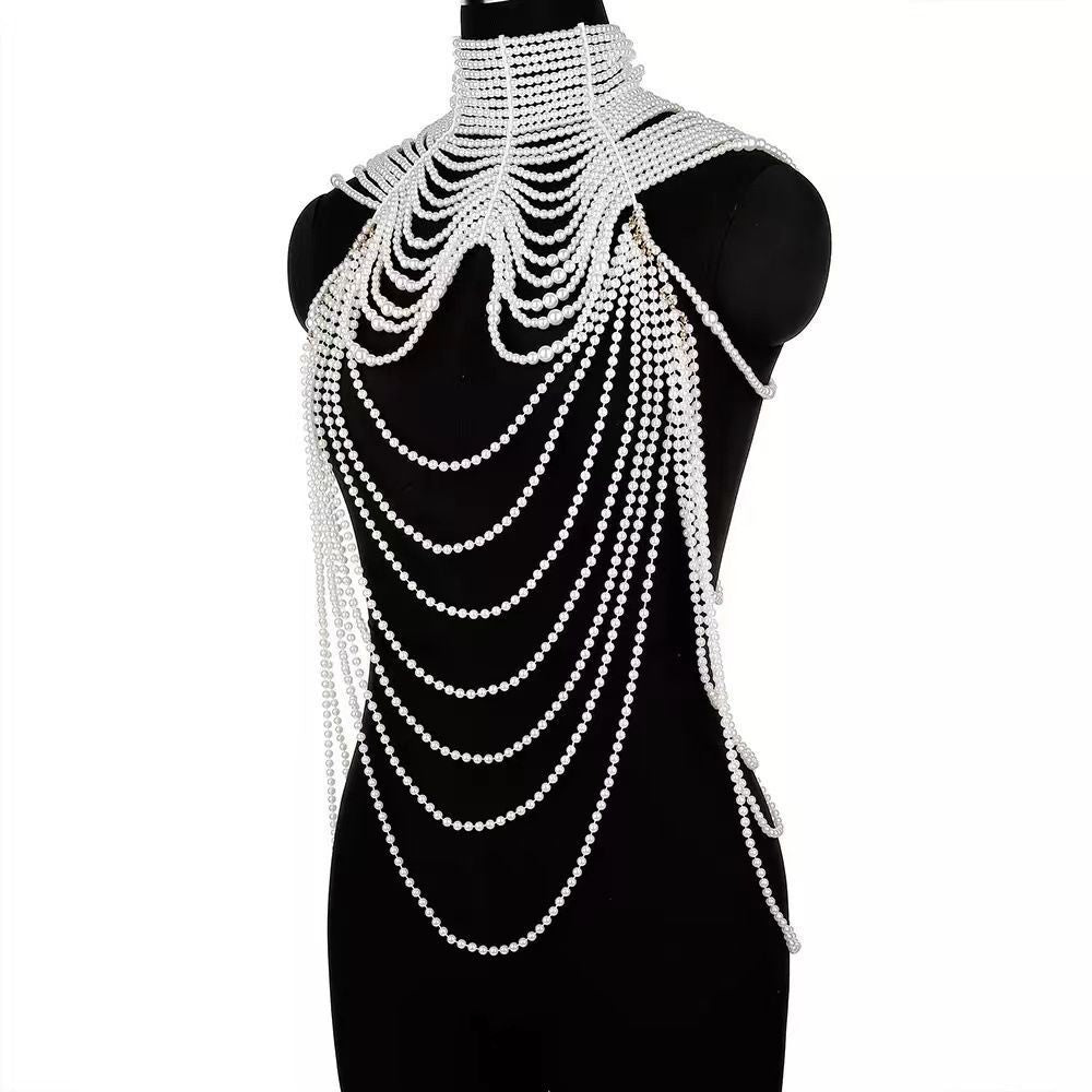Personality Fashion Pearl Jewelry Leather Exaggerated Multilayer Pearl Body Chain