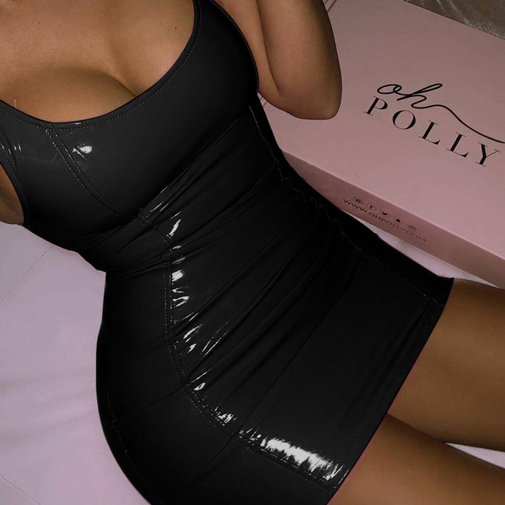 Sexy Sleeveless Faux Leather Zipper PU Bodycon Dress for Women Summer Fashion Style