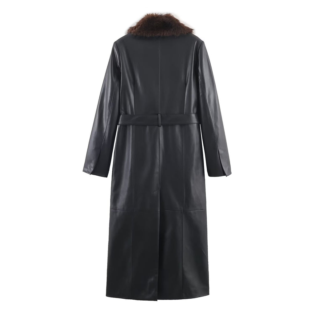 Casual Women's Coat with Detachable Collar and Faux Leather Effect