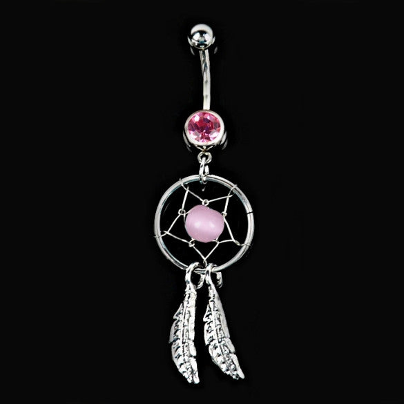 Pink Crystal Gem Catcher Dangle Belly Navel Barbell Button Bar Ring - Sins & Temptations