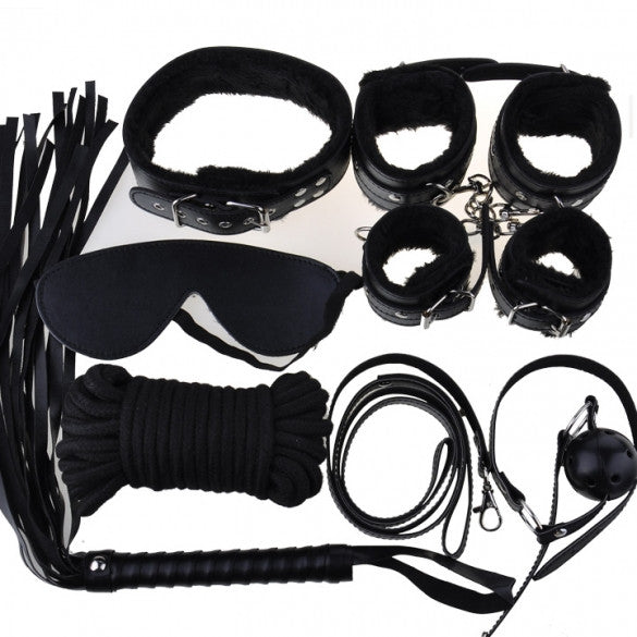 Black 7Pcs Fetish Sexy Bondage Love Cuffs System Set - Sins & Temptations