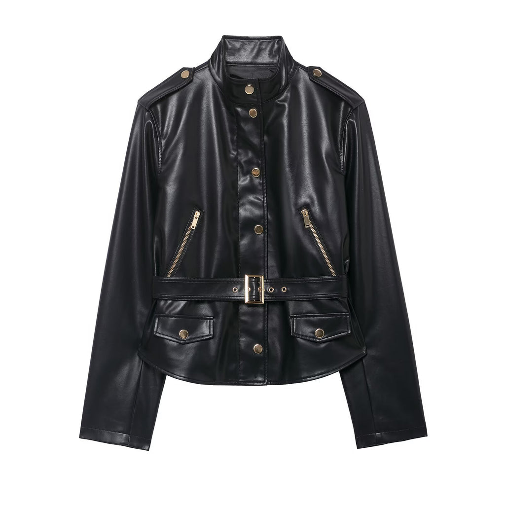Jacket+high waisted faux leather flared pants