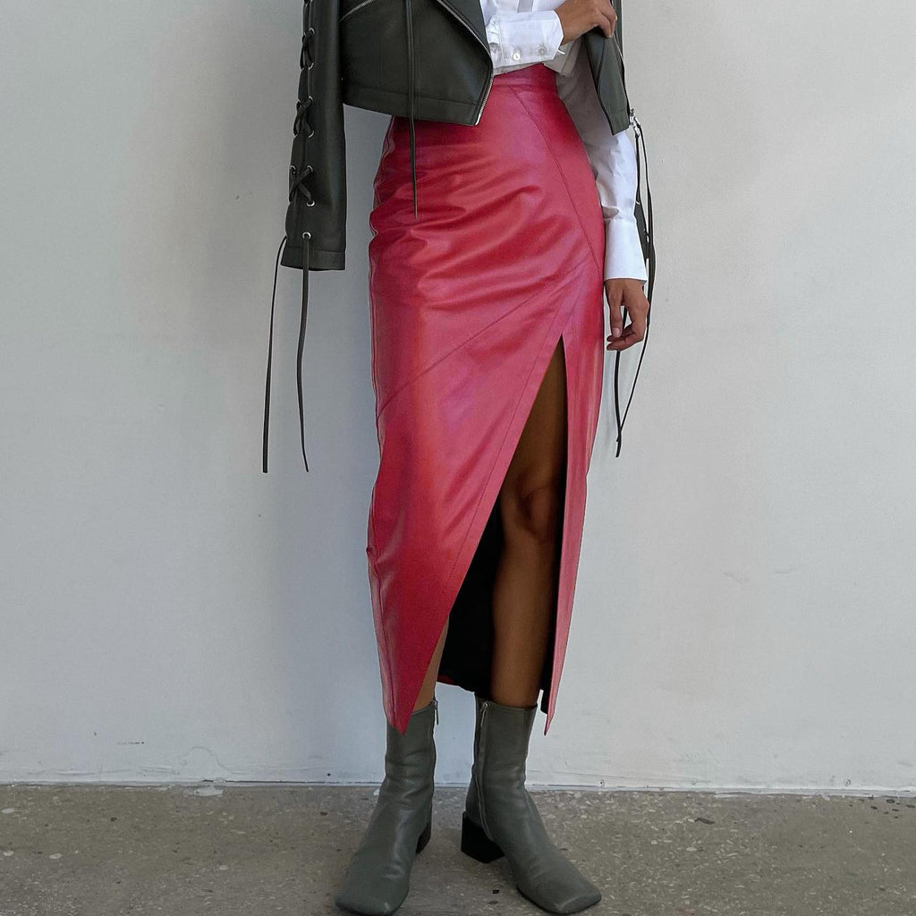 High waisted slim fit split skirt irregular leather skirt