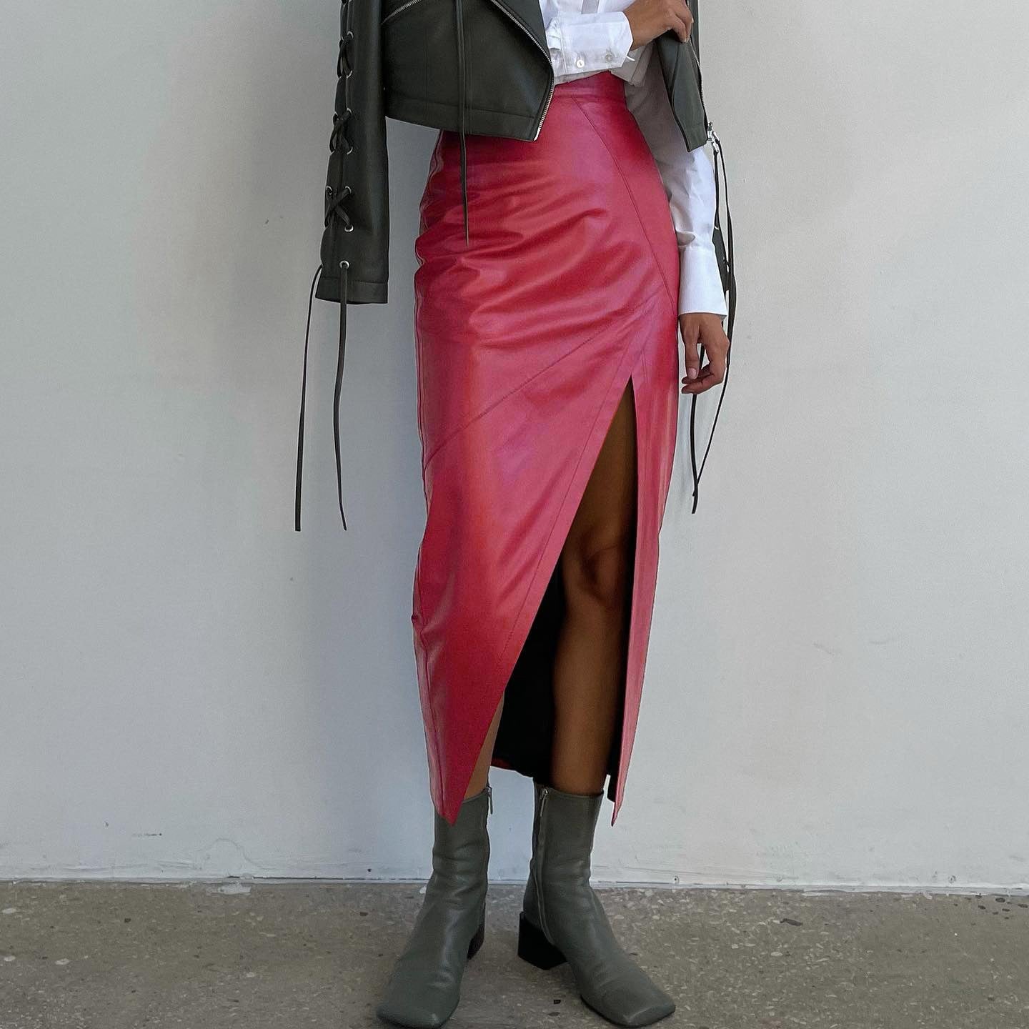 High waisted slim fit split skirt irregular leather skirt