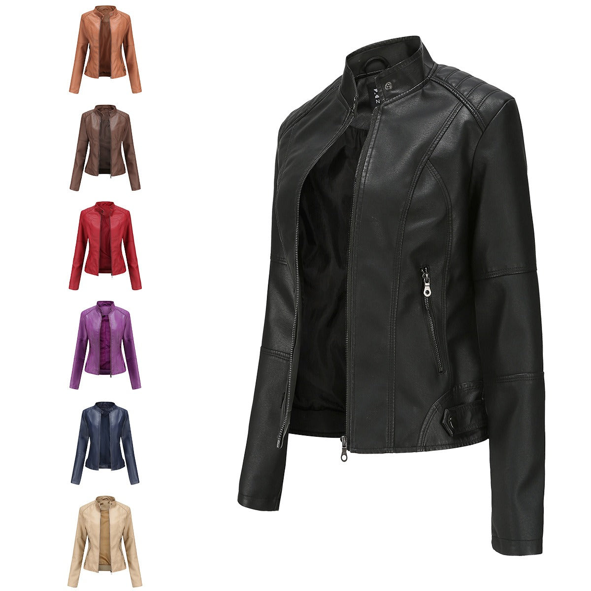 European size women's leather jacket women's motorcycle jacket standing collar leather jacket