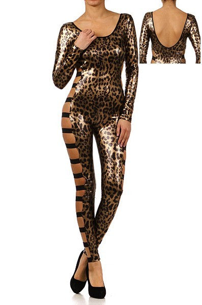 Leather Round Neck Backless Cupless Slinky Bandage Hollow Leopard LINGERIE Costume