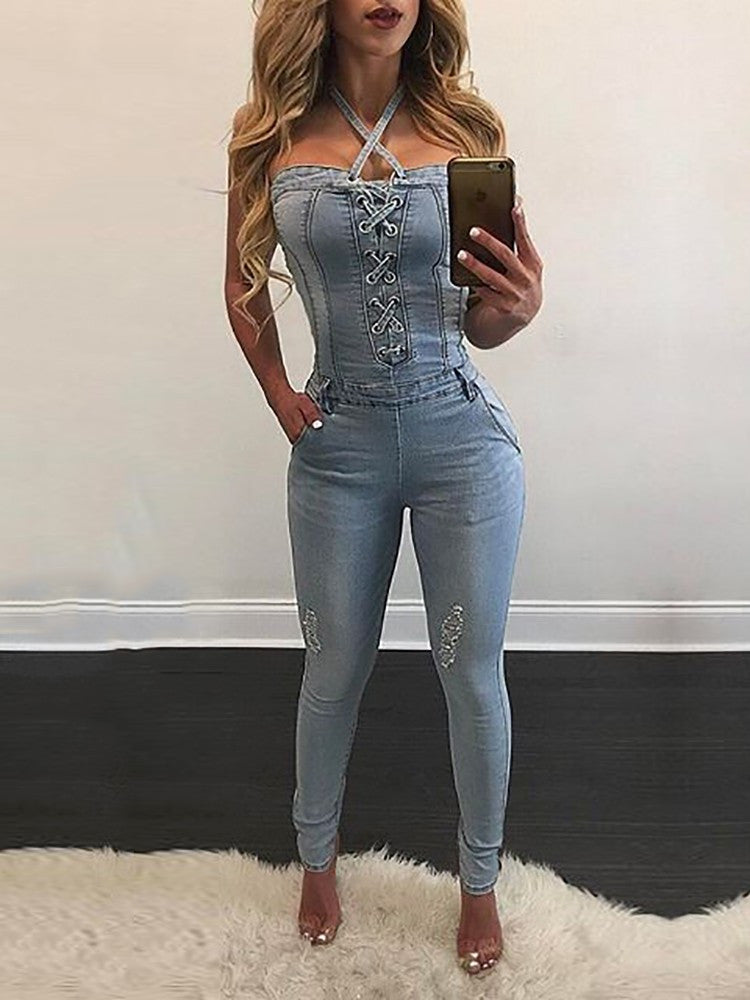 Trendy Wash Ripped Suspender Light Blue Denim Jeans Jumpsuit Romper - Sins & Temptations