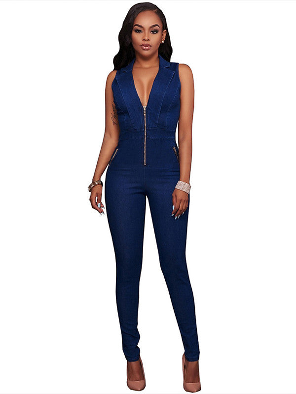 Dark Blue Women Sleeveless Denim Jeans Jumpsuit Romper - Sins & Temptations
