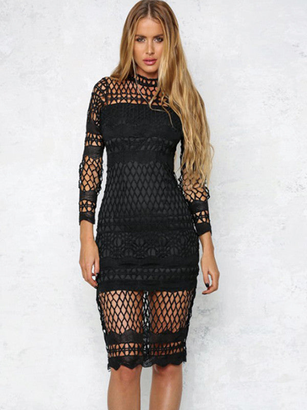 Black Lace Hollow Out Midi Dress clubwear - Sins & Temptations