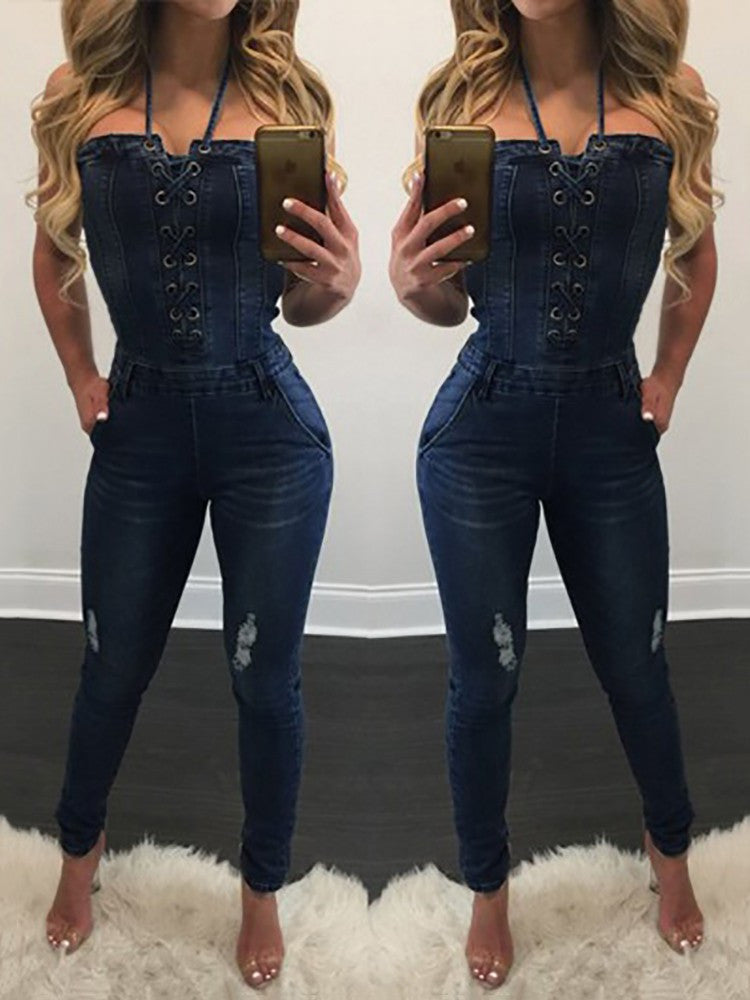 Trendy Wash Ripped Suspender Denim Jeans Jumpsuit Romper - Sins & Temptations