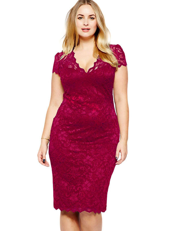 XL-3XL Wine Red Lace Women Clubwear Midi Dress - Sins & Temptations