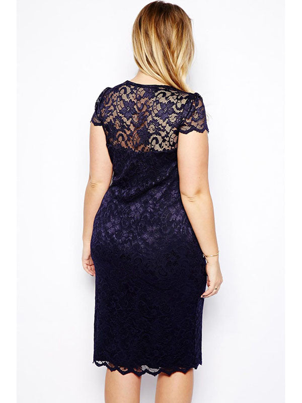 XL-3XL Dark Blue Lace Women  Clubwear Midi Dress - Sins & Temptations