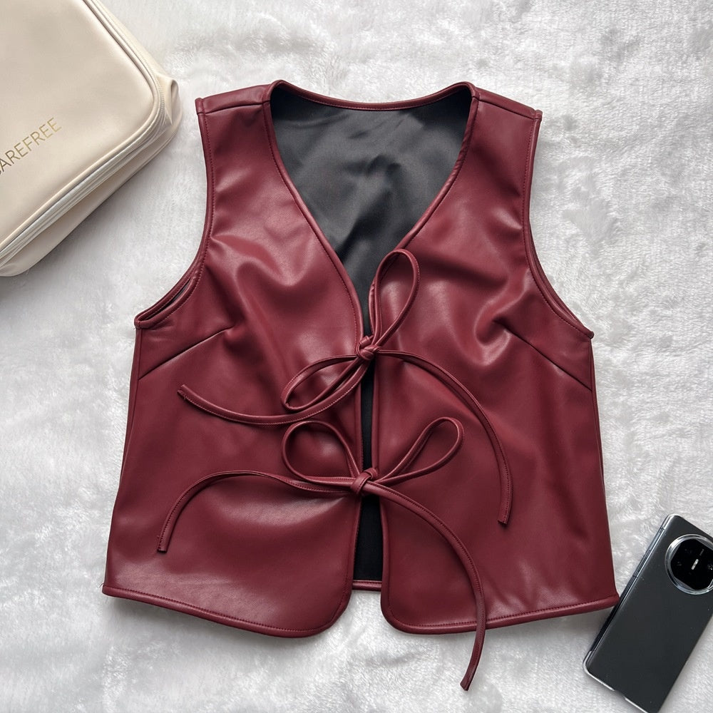 Sleeveless lace up vest top made of PU leather