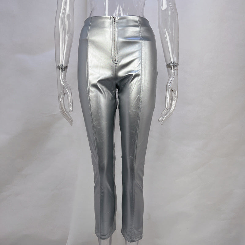 High waisted hip lifting tight fitting PU leather pants