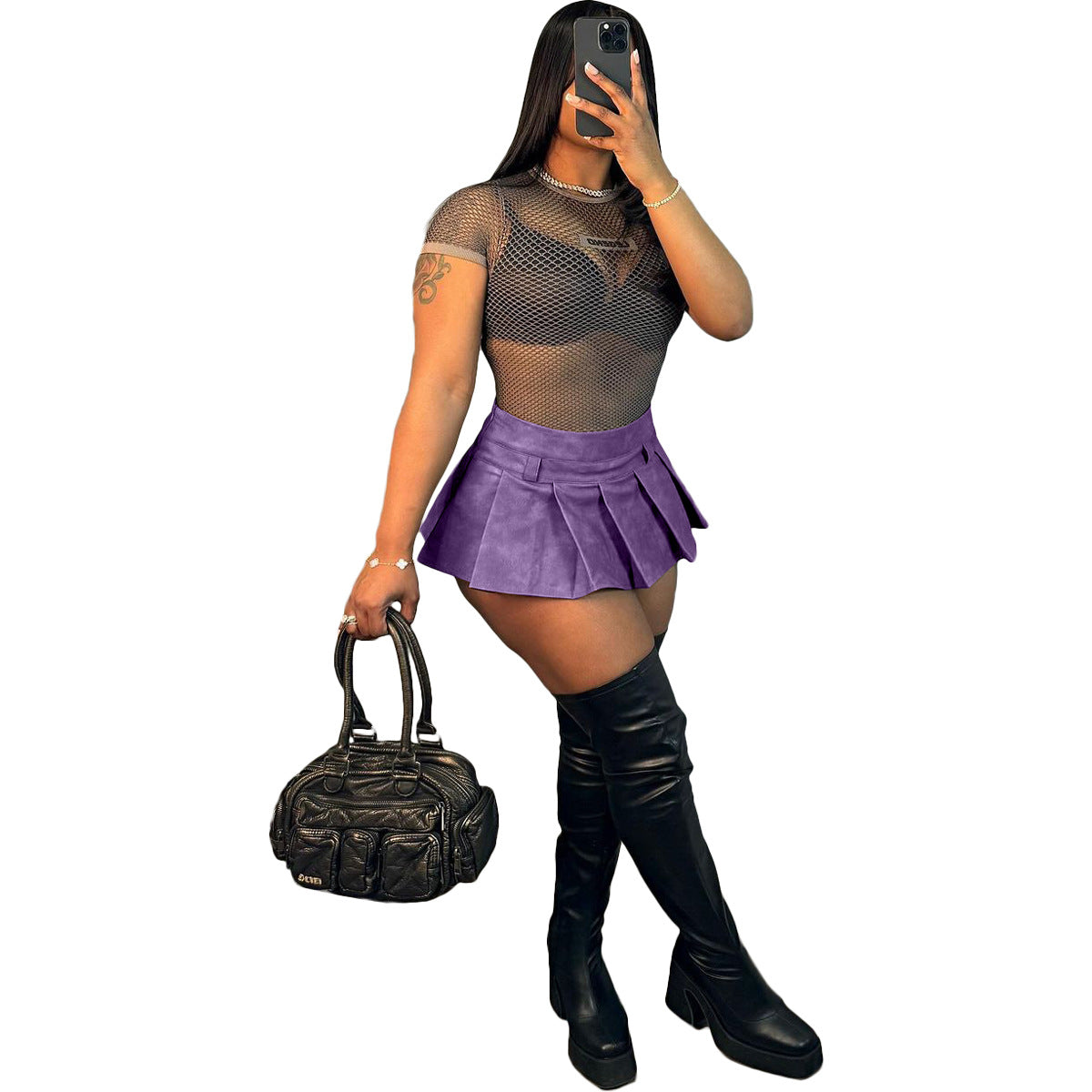 Women's Fashion Leather Sexy Solid Color Zipper Pleated Mini Skirt