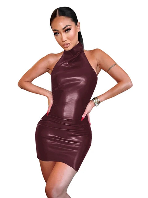 PU leather backless neck hanging dress for children