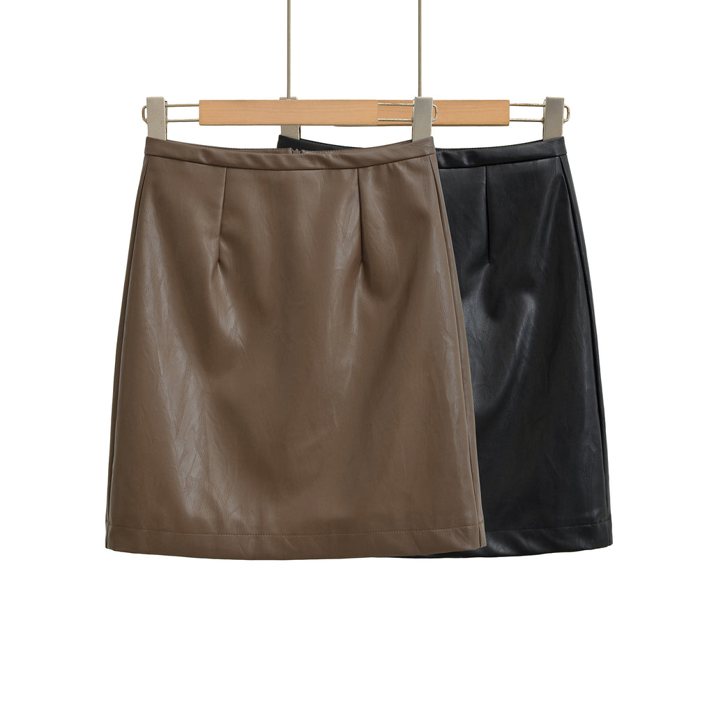 PU leather skirt with high waist for slimming and hip hugging half skirt