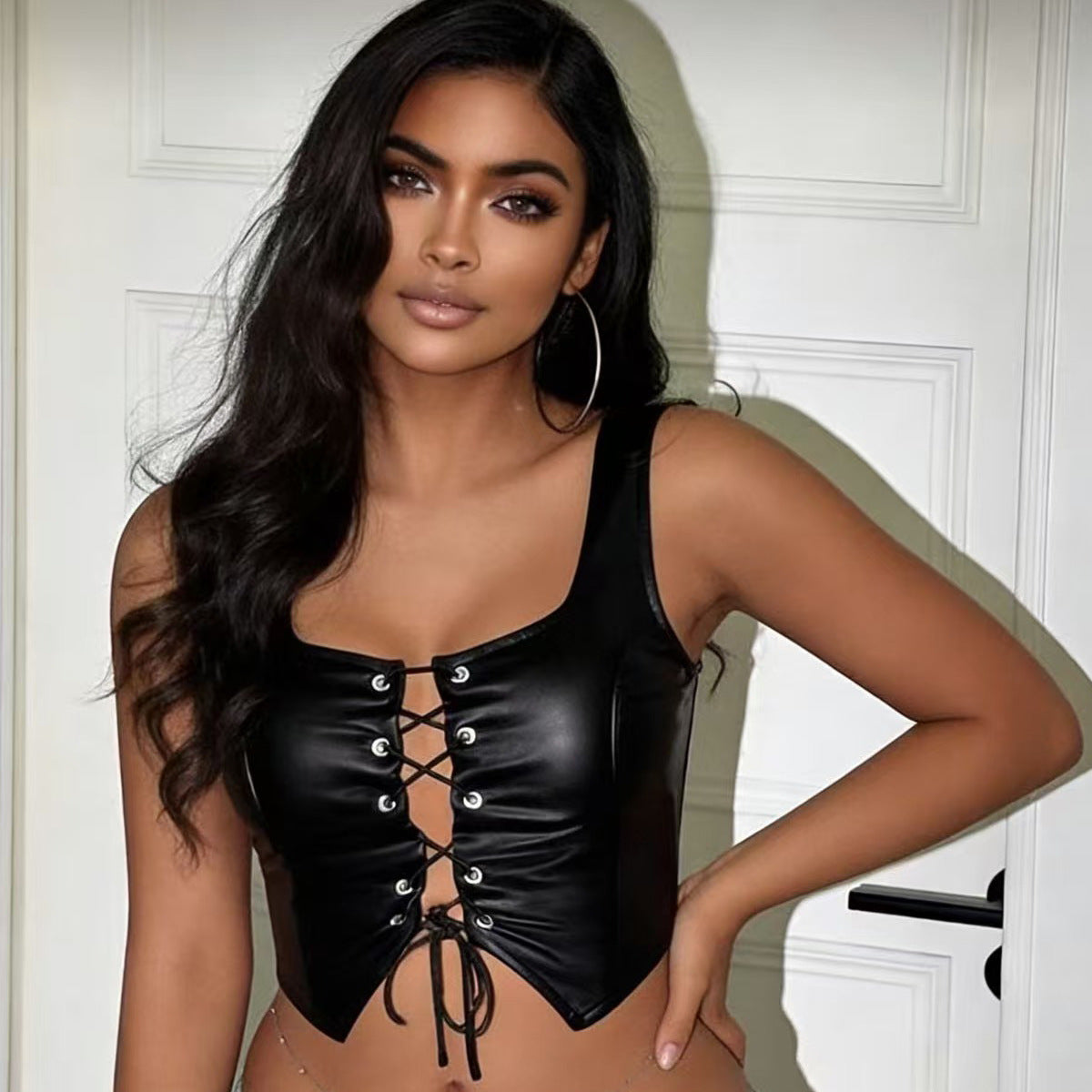 Slim fit crop top strap PU leather vest for women