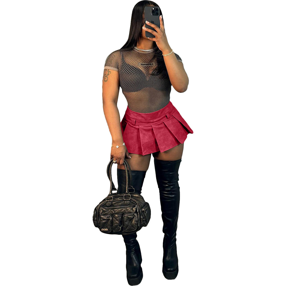 Women's Fashion Leather Sexy Solid Color Zipper Pleated Mini Skirt