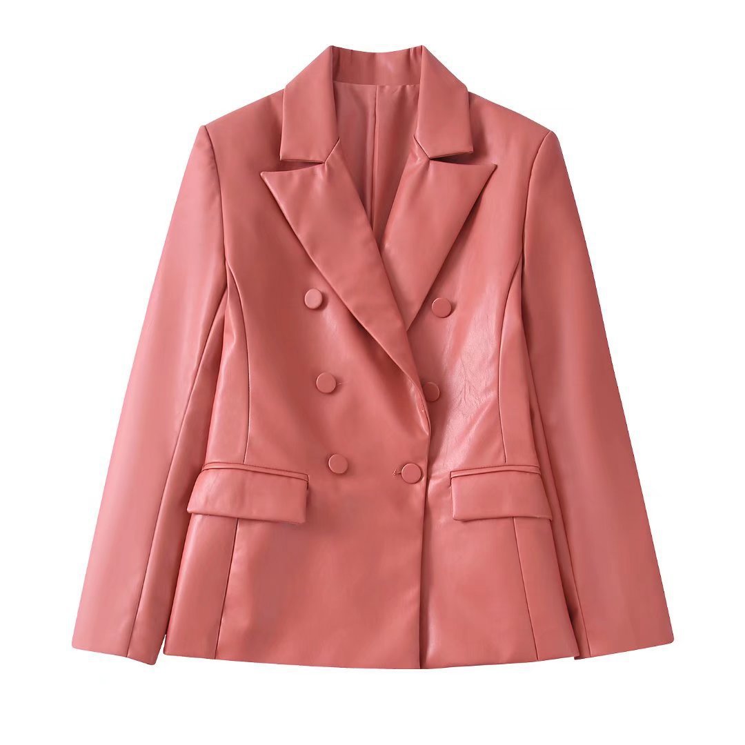Spring/Summer New Women's Solid Color Faux Leather Double Breasted Blazer + High Waist Leather Pants