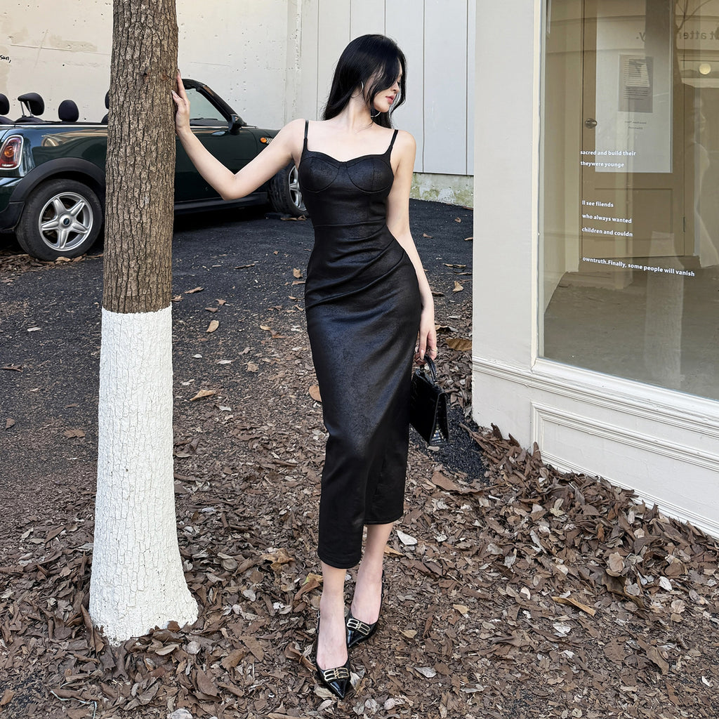 Leather camisole sexy V-neck slim fit hip hugging dress