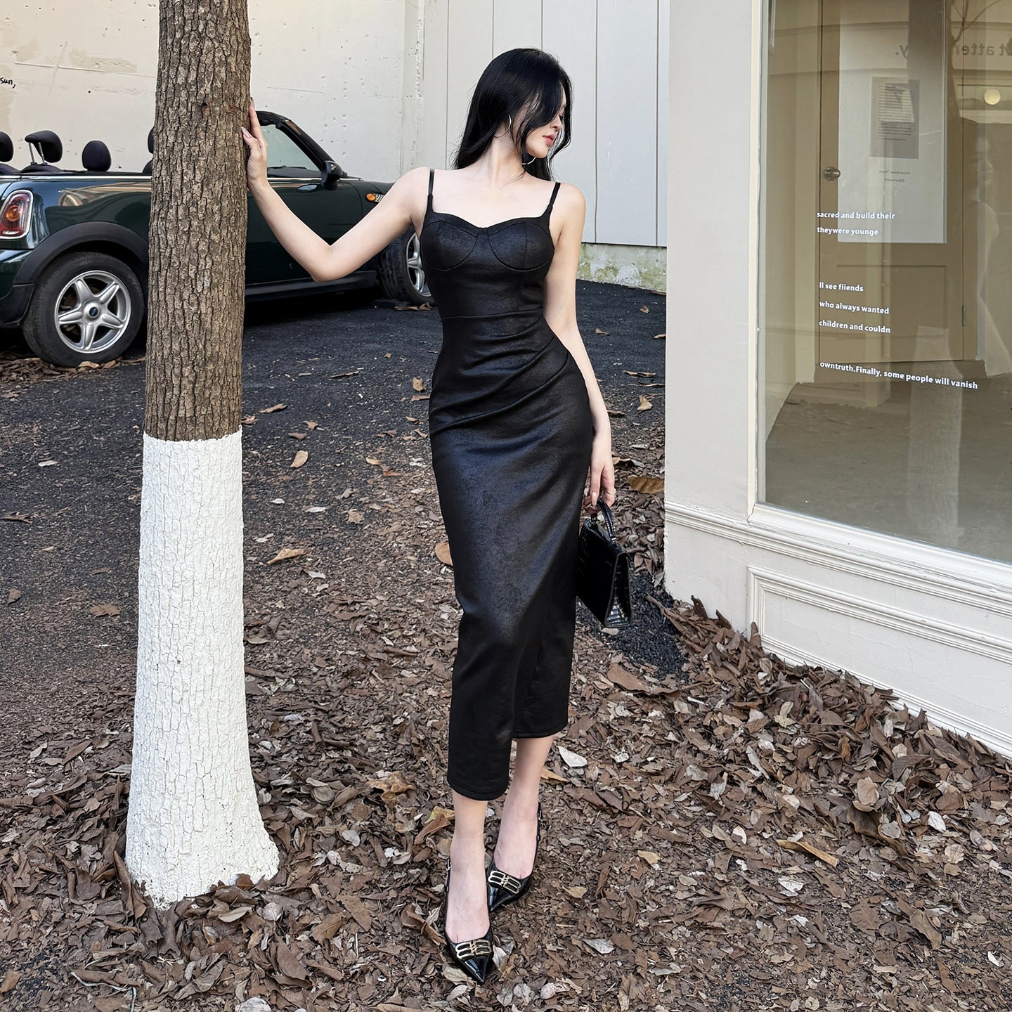 Leather camisole sexy V-neck slim fit hip hugging dress