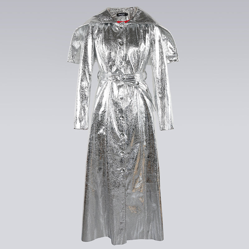 Nerazzurri Autumn Maxi Luxury Elegant Chic Silver Gold Shiny Patent Faux Leather Coat Women with Hood Extra Long Overcoat