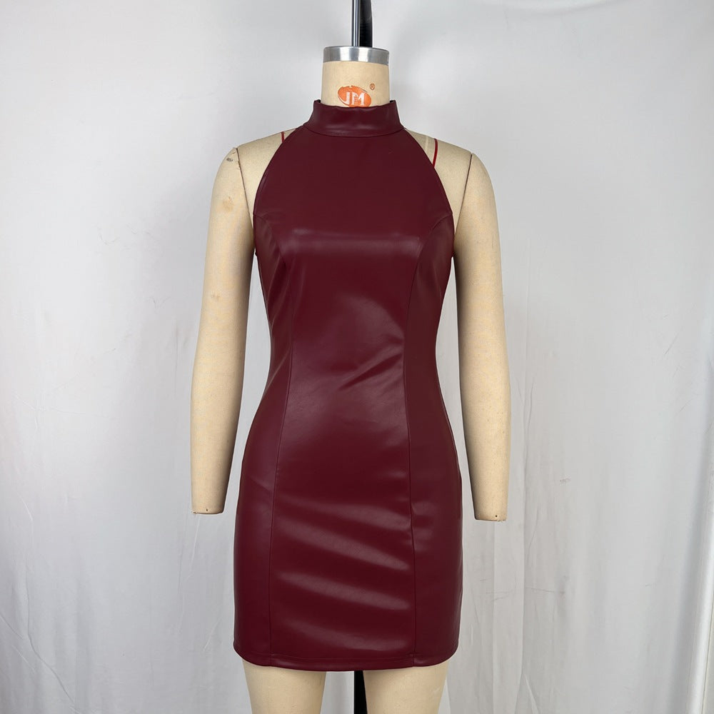 Hanging neck slim fit hip hugging PU leather dress