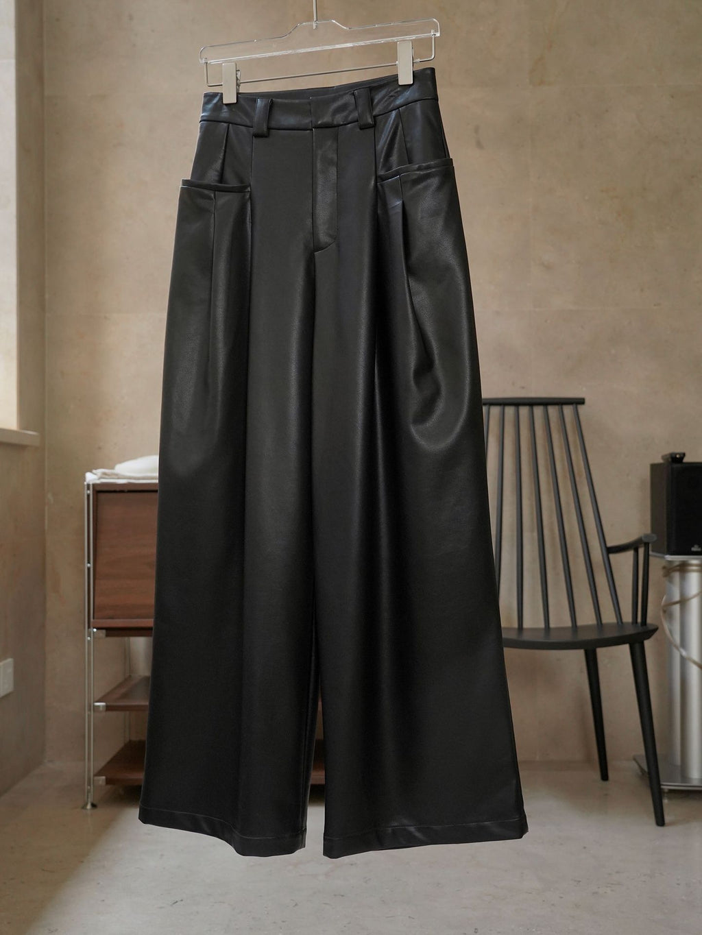 Autumn Modern High Waist PU Pants Women Soft Drop Feel Casual Black Wide Legs Trousers Female Faux Leather
