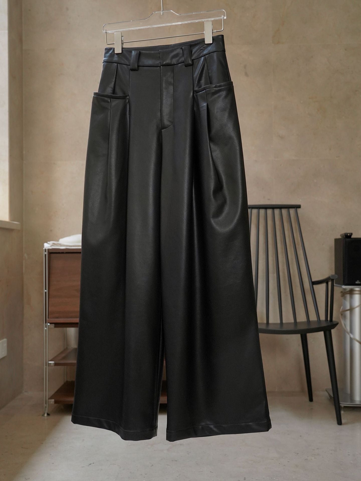 Autumn Modern High Waist PU Pants Women Soft Drop Feel Casual Black Wide Legs Trousers Female Faux Leather