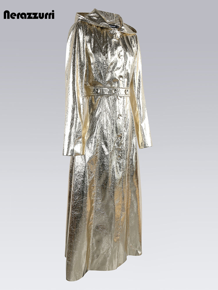 Nerazzurri Autumn Maxi Luxury Elegant Chic Silver Gold Shiny Patent Faux Leather Coat Women with Hood Extra Long Overcoat