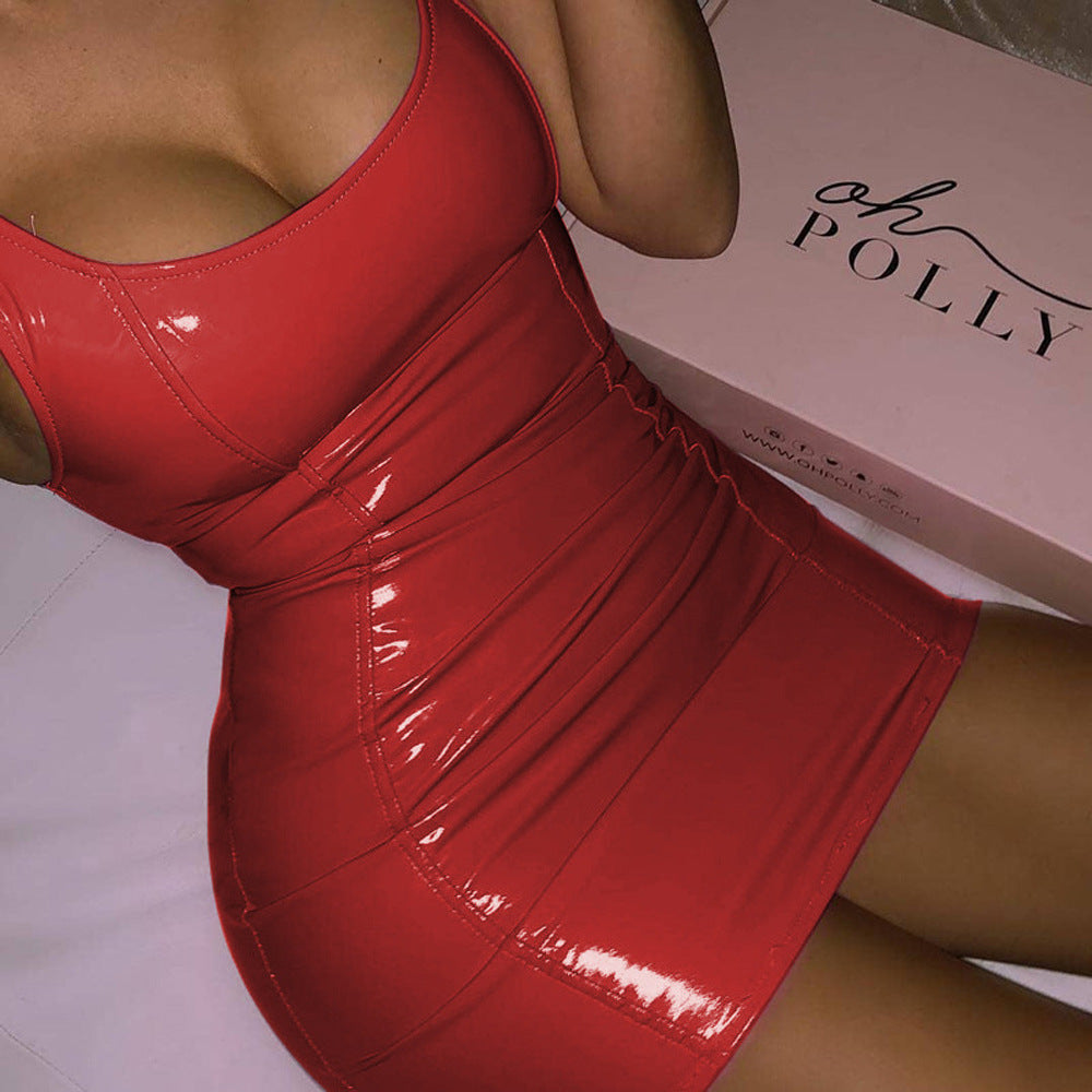Sexy Sleeveless Faux Leather Zipper PU Bodycon Dress for Women Summer Fashion Style
