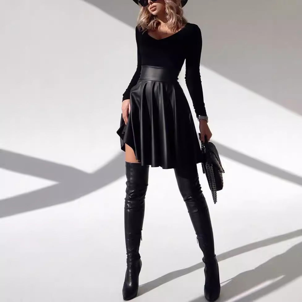 High waist and large swing PU leather skirt umbrella skirt