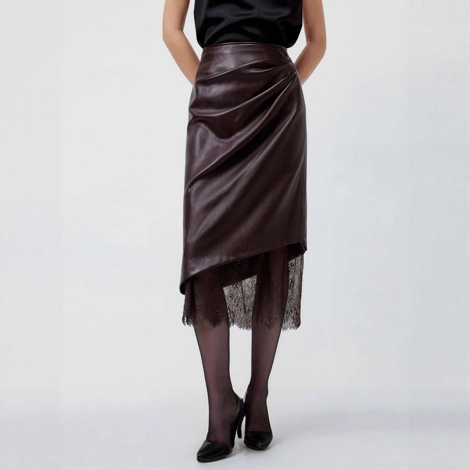 Lace patchwork leather skirt