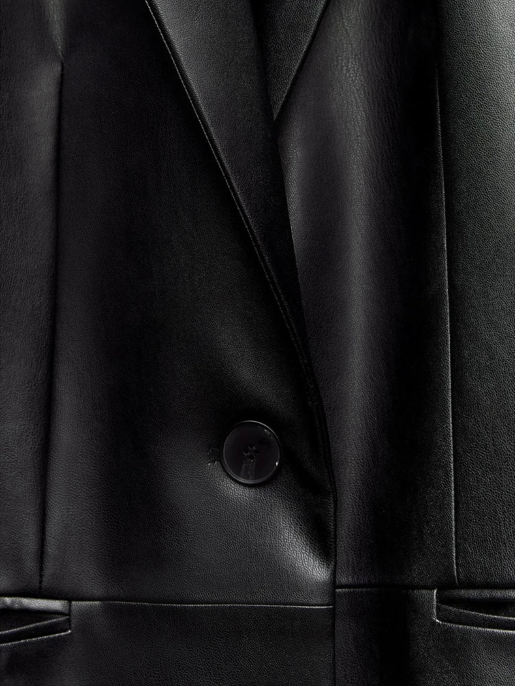 New Spring Autumn Streetwear Faux Leather Long Jacket Women Fashion Turn-down Collar Single Breasted Black Pu Coat Trench