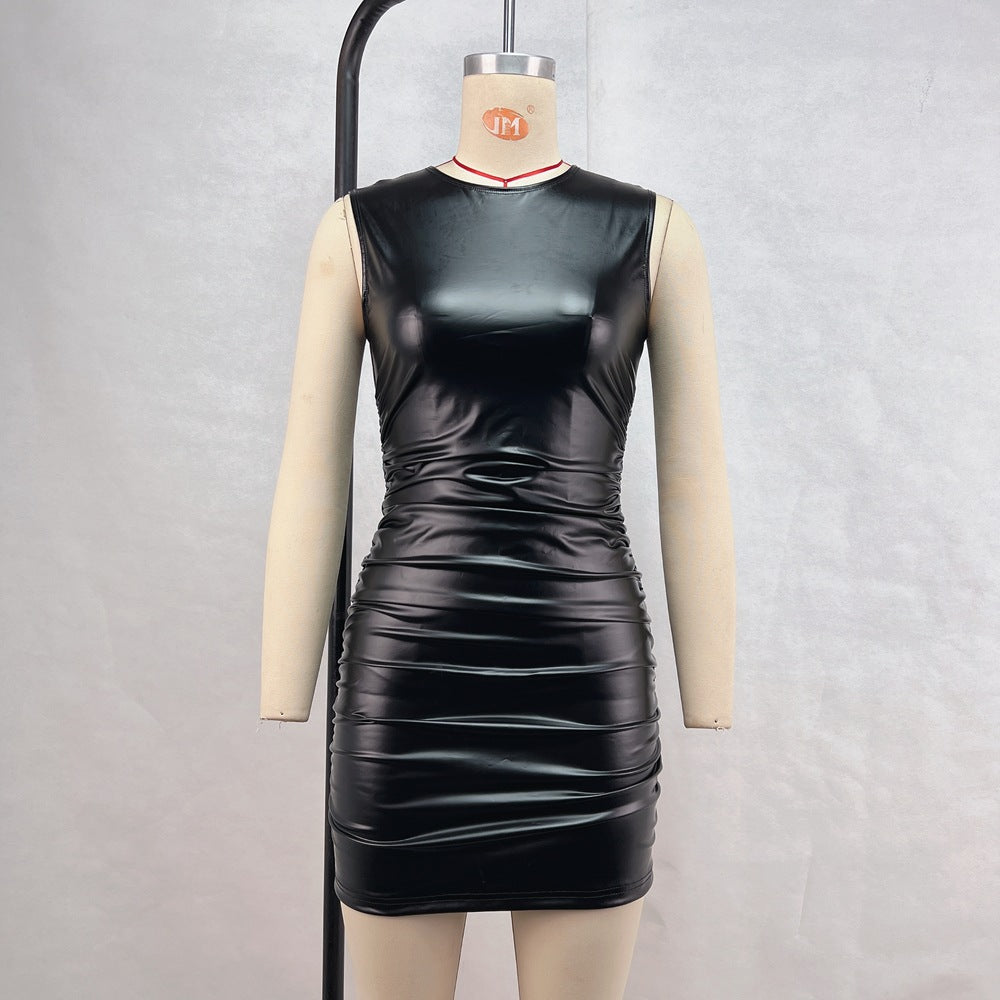 Ladies' PU leather slim fit hip hugging dress