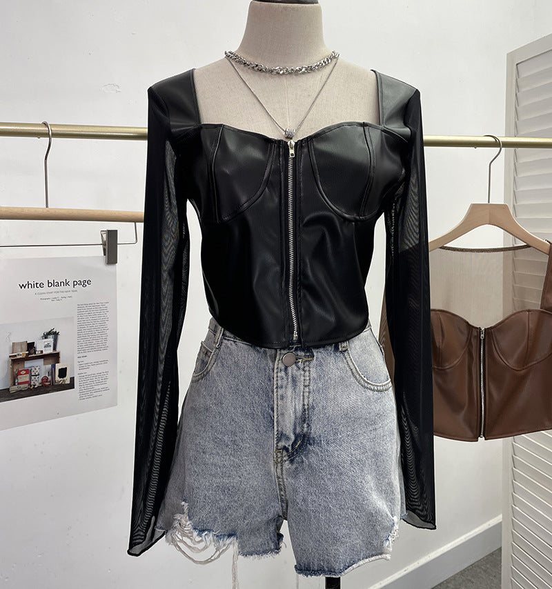 Mesh splicing PU leather long sleeved T-shirt for women